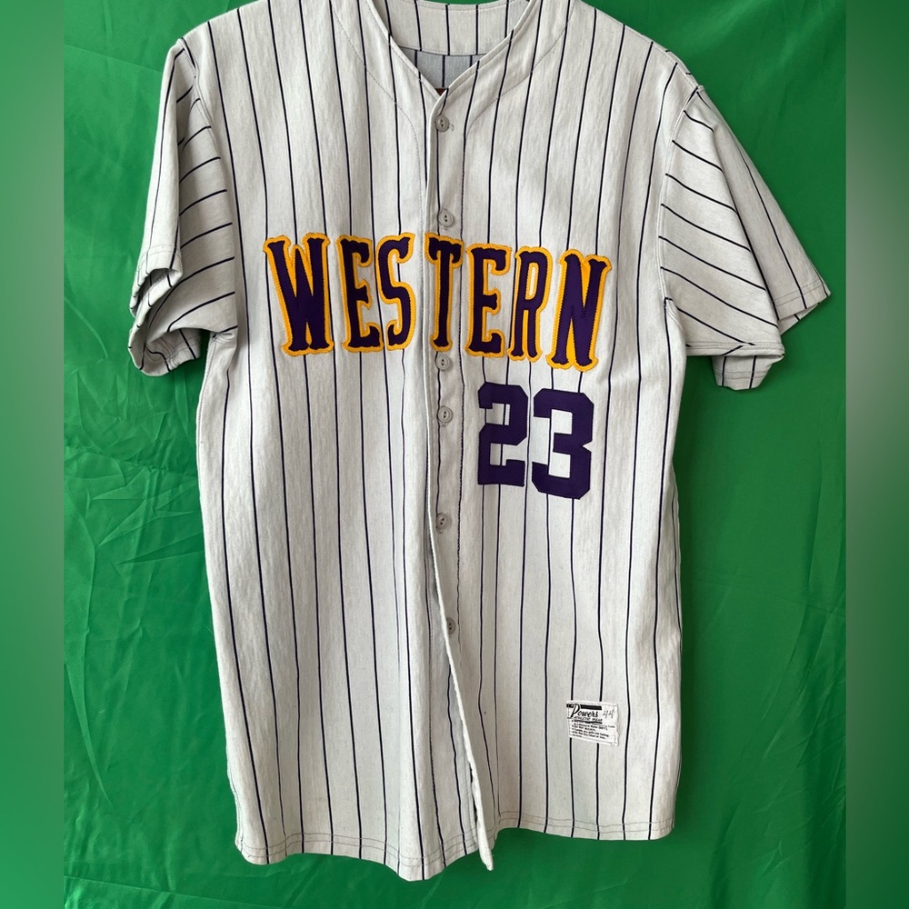 Vintage Rawlings baseball jersey, adult size 44 (med), gray with purple stripes